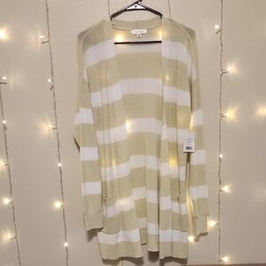 Lightweight Striped Open-Front Cardigan - Light Pistachio & White